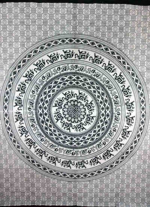 Beige & Black Elephant Mandala Self Design Tapestry