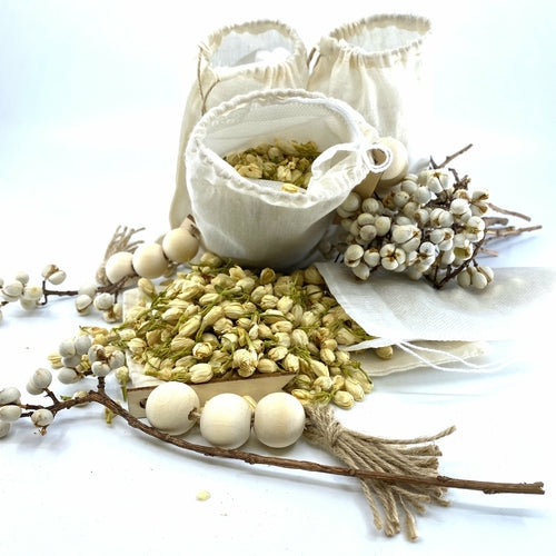 100% Naturally Dried Jasmine Flowers, Jute & Wooden Beaded Drawstring
