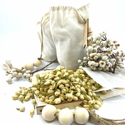 100% Naturally Dried Jasmine Flowers, Jute & Wooden Beaded Drawstring